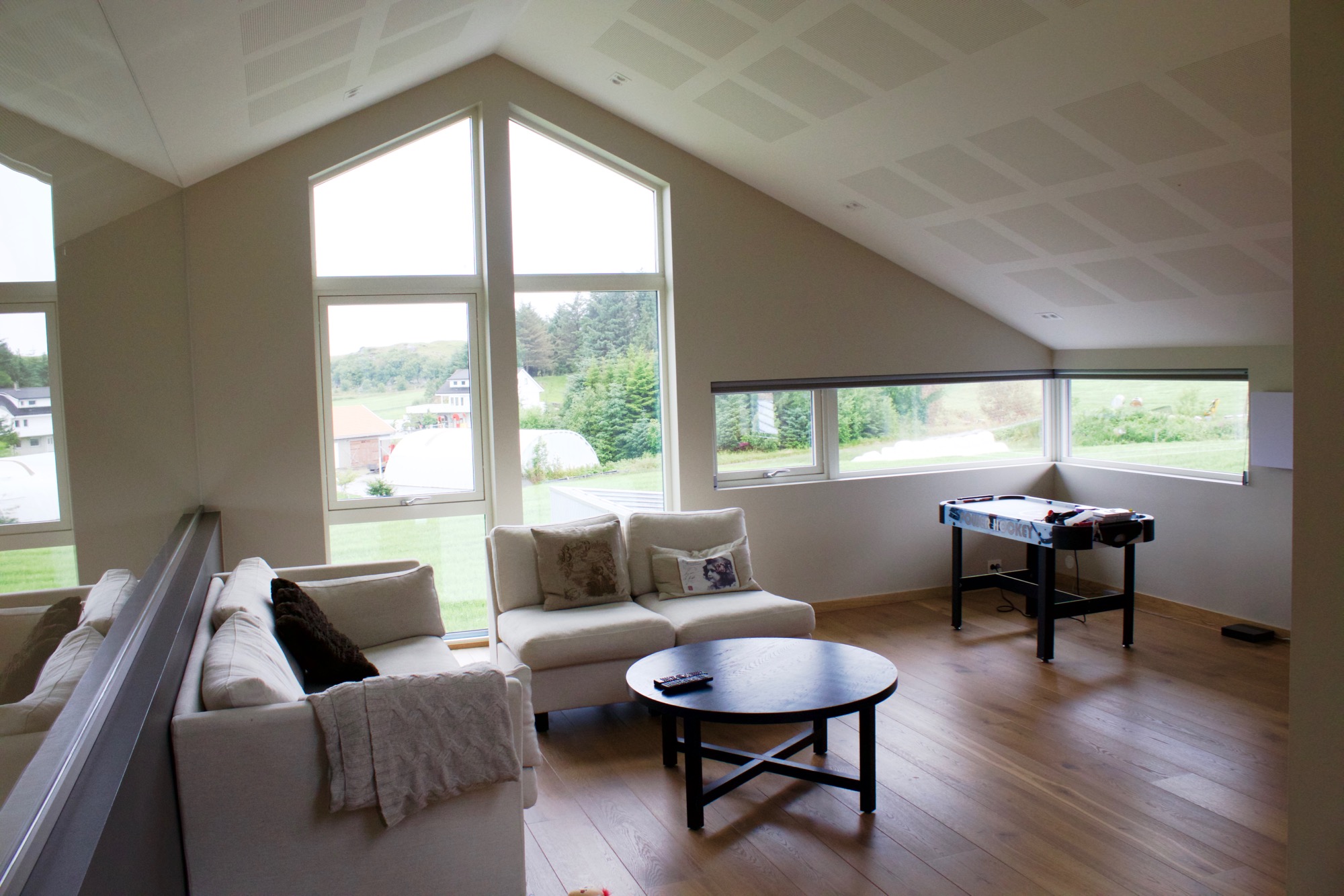 Loftstue med utsikt til havet vest og visuell kontakt ned til spisestua